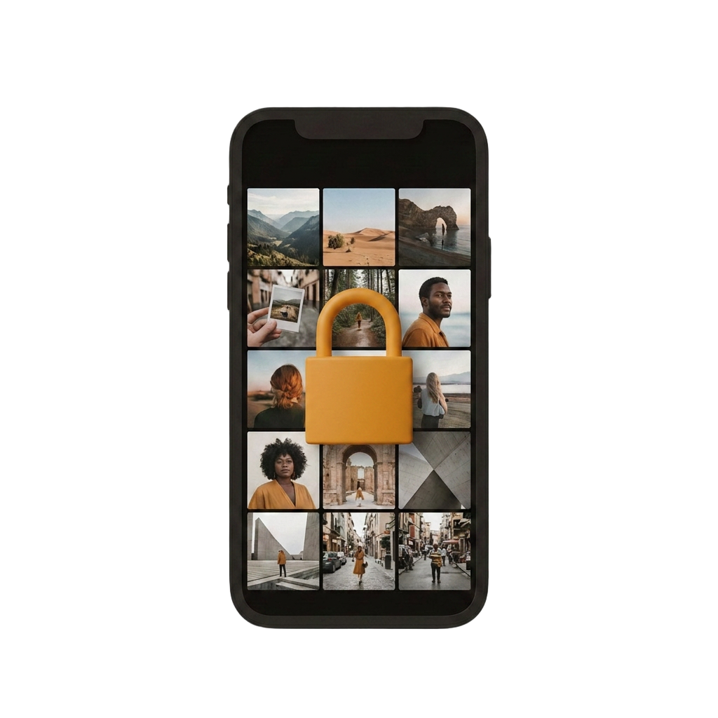 iPhone photo library and file access represented on a phone
