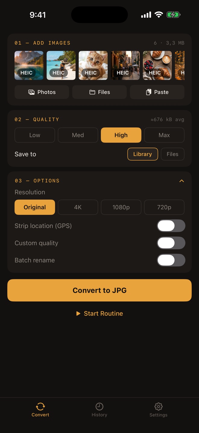 JPG quality, resolution, and metadata controls in the app