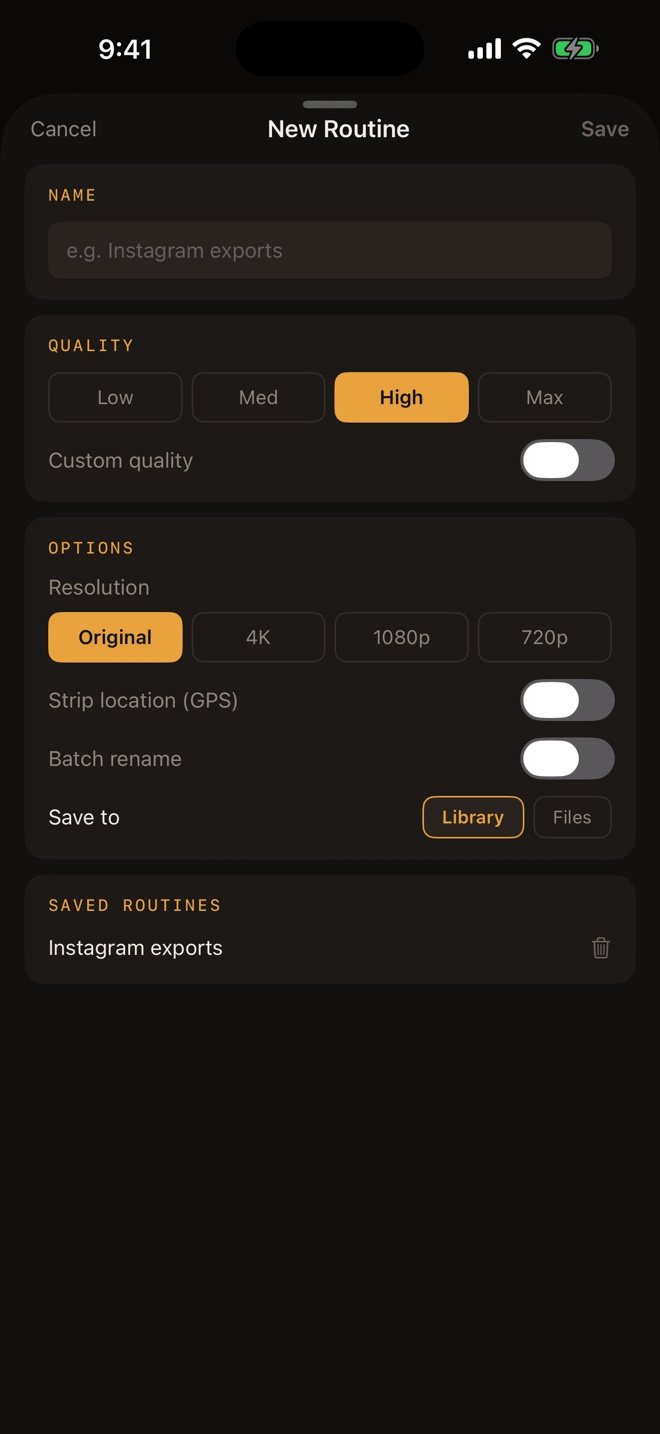 Routine editor with saved conversion settings